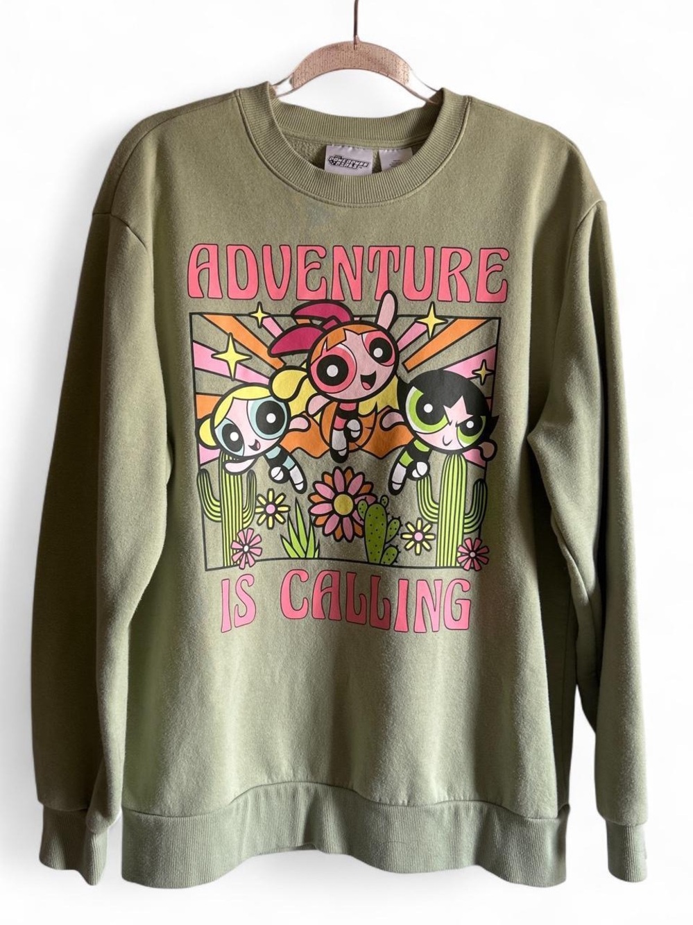 Crewneck Graphic Sweatshirt in Sage Green - Powerpuff Girls size M